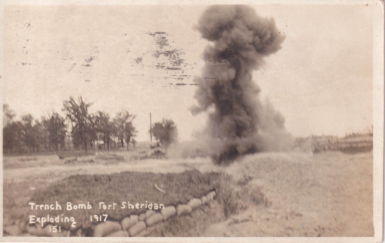 Vintage RPPC Postcard - Trench Bombing at Fort Sheridan Illinois in 1917
