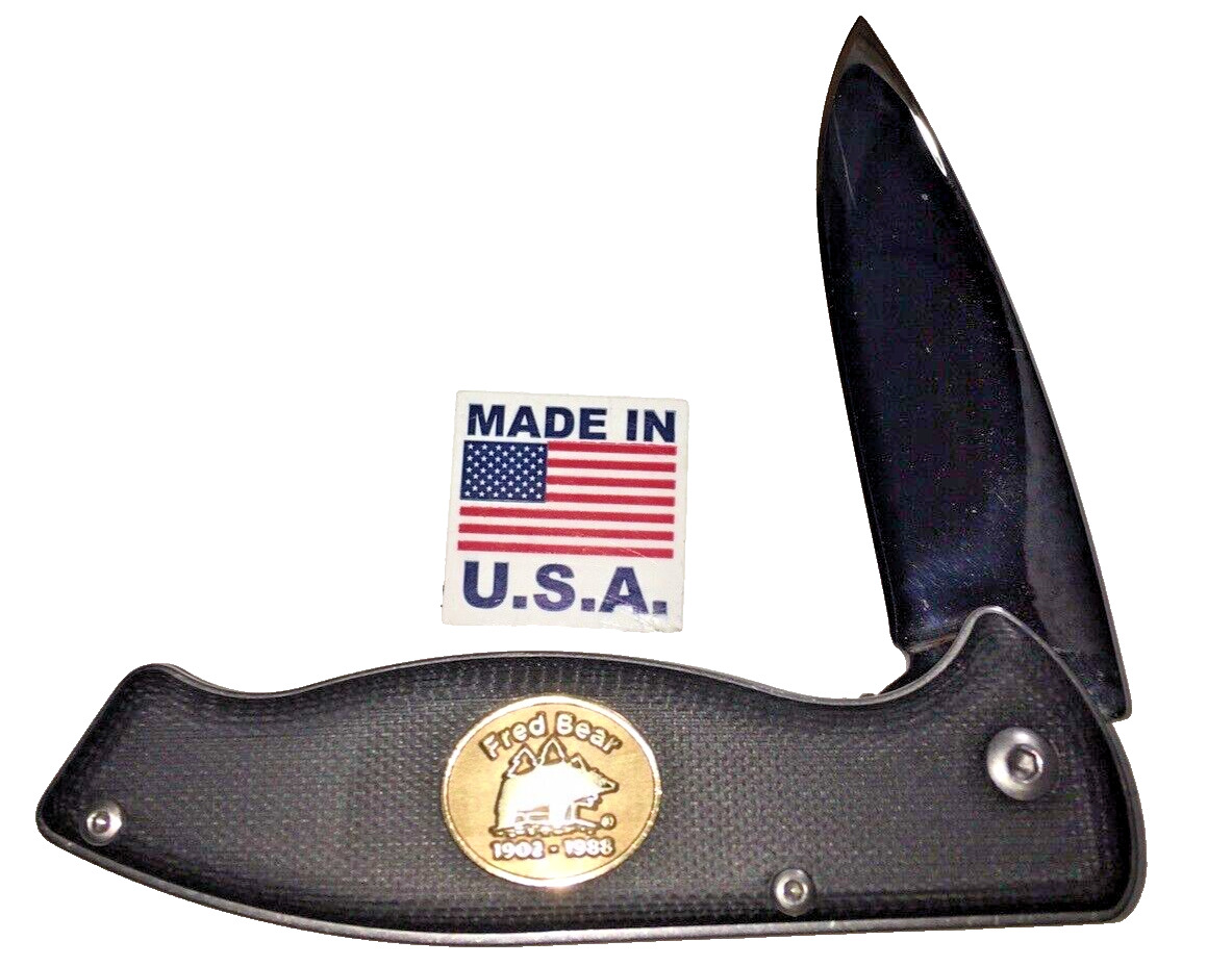 Fred Bear 1902-1988 Black G-10 Handle  Folding Knife  Utica  Unbranded  U.S.A.