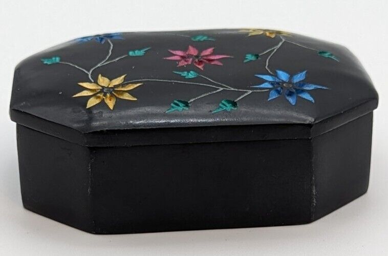 Floral Design Soapstone Black Box w/Incised Colorful Flowers 4.25\