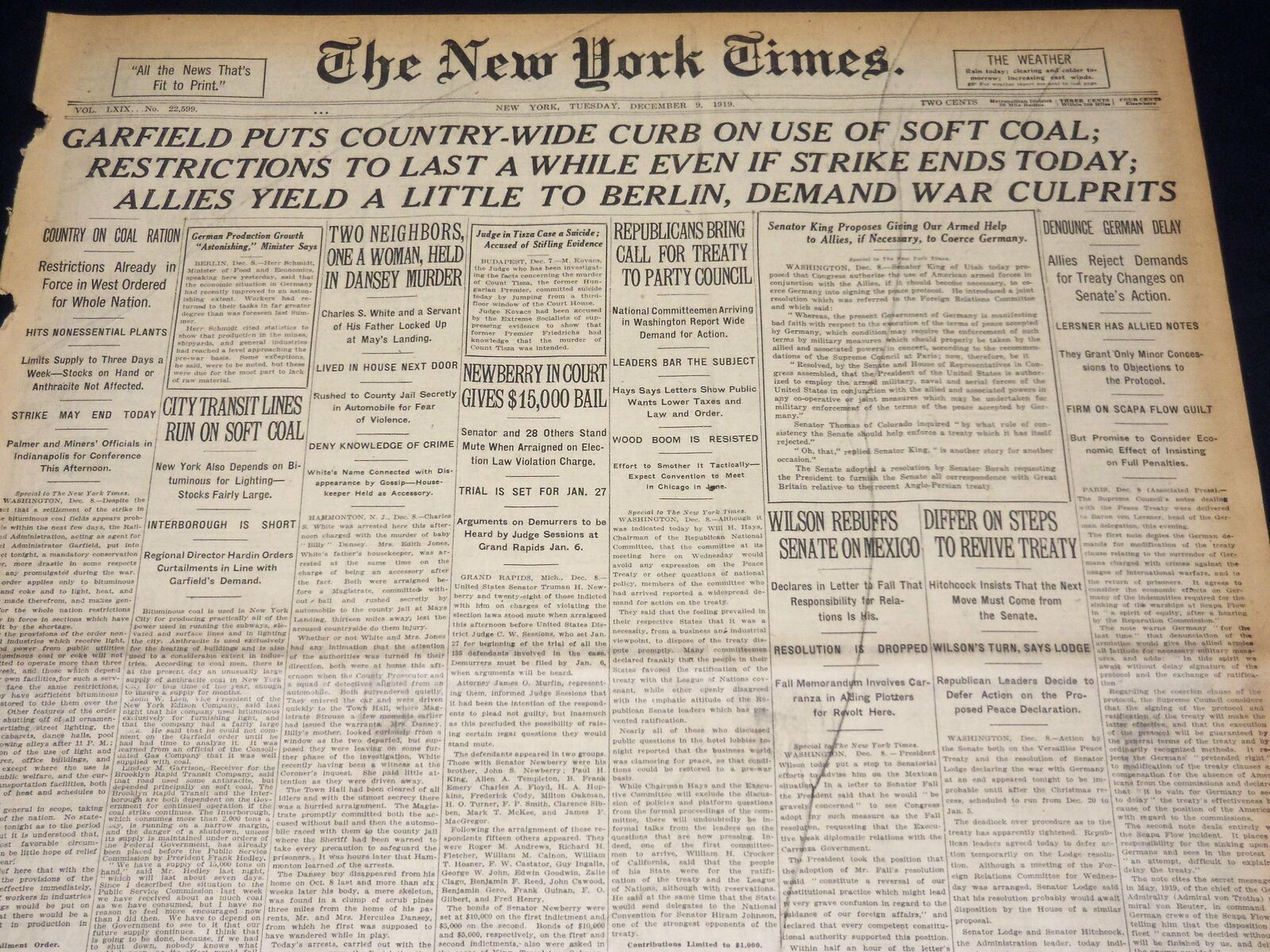 1919 DECEMBER 9 NEW YORK TIMES - COUNTRY WIDE CURB ON SOFT COAL - NT 7950