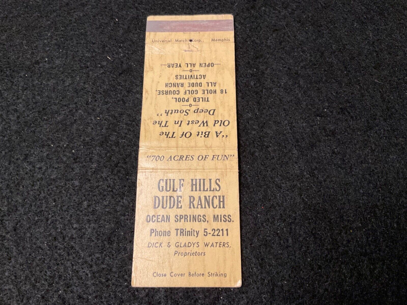 GULF HILLS DUDE RANCH OCEAN SPRINGS MISSISSIPPI Matchbook Cover Cowboy lodge