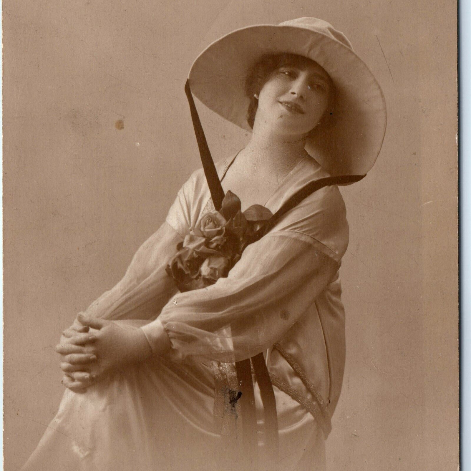 c1910s Paris French Young Lady RPPC Sun Hat Silk Dress Real Photo Seductive A159