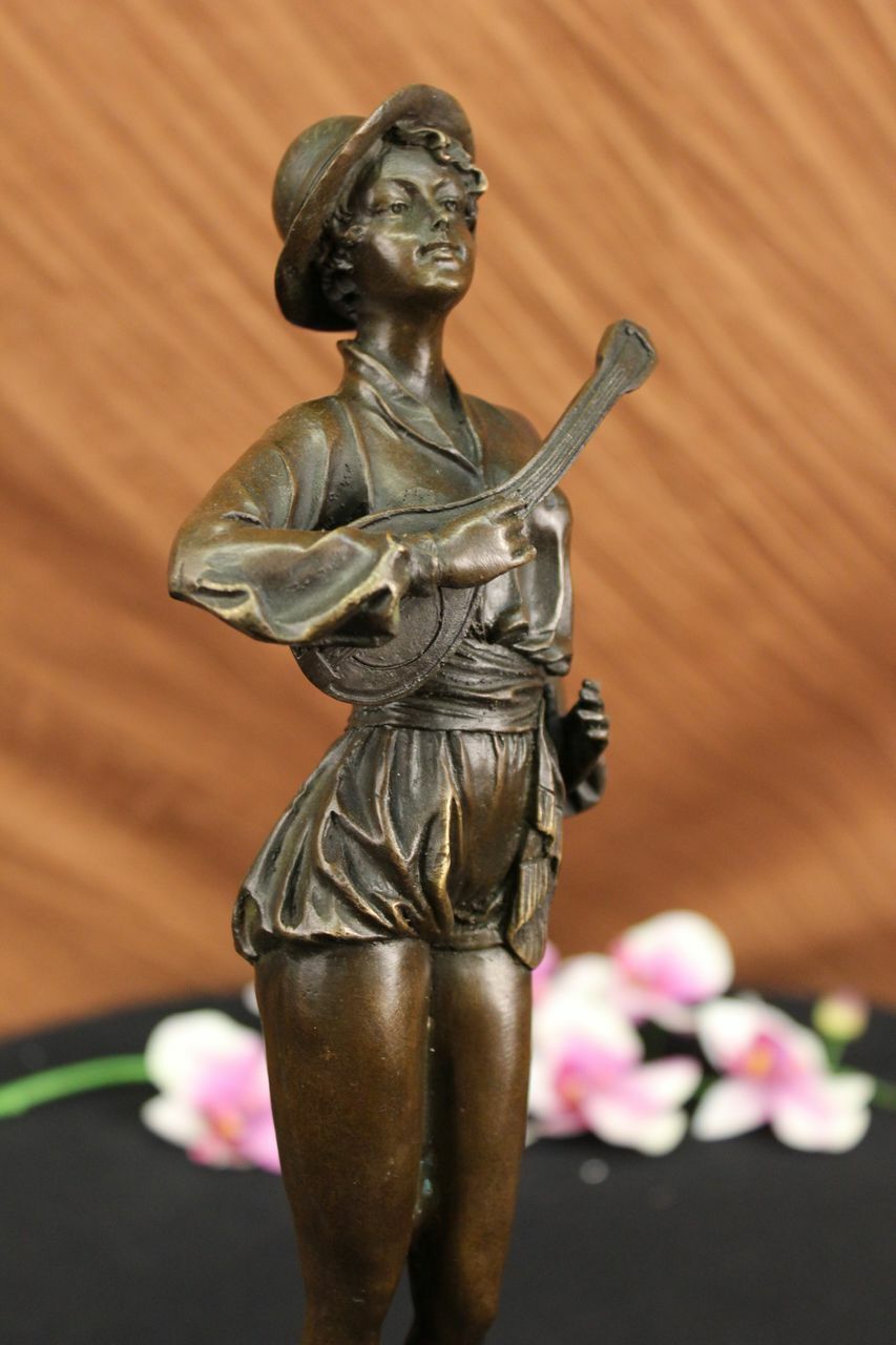 Music Woman Banjo Marble Base Handcrafted Art Bronze Sculpture Statue Decor Sale