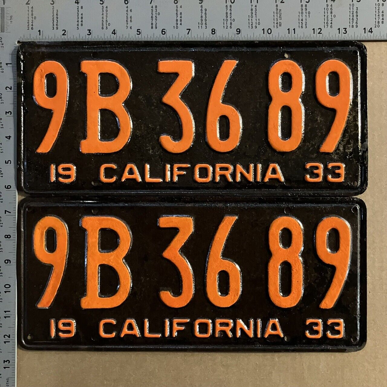 1933 California license plate pair 9B 36 89 YOM DMV PATINA + clearcoat 15719