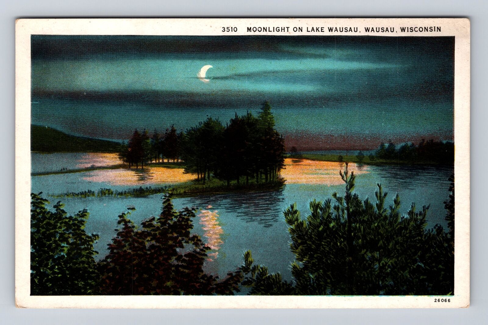 Wausau WI-Wisconsin, Moonlight On Lake Wausau, Antique, Vintage Postcard