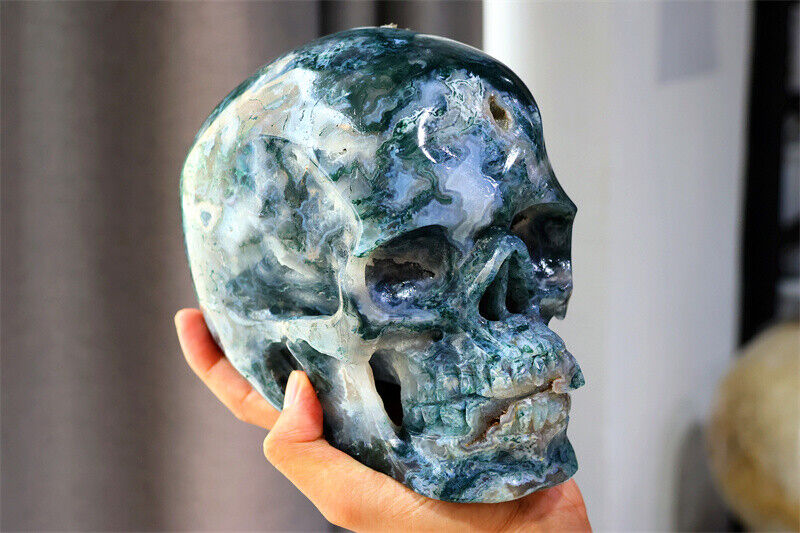 Rare 4.33kg Carved Natural Moss Agate Skull Quartz Crystal Skull Decor gift