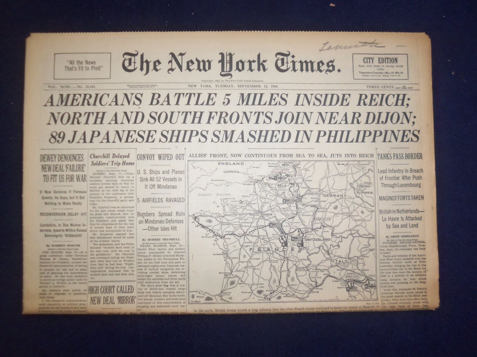 1944 SEP 12 NEW YORK TIMES - AMERICANS BATTLE 5 MILES INSIDE REICH - NP 6620