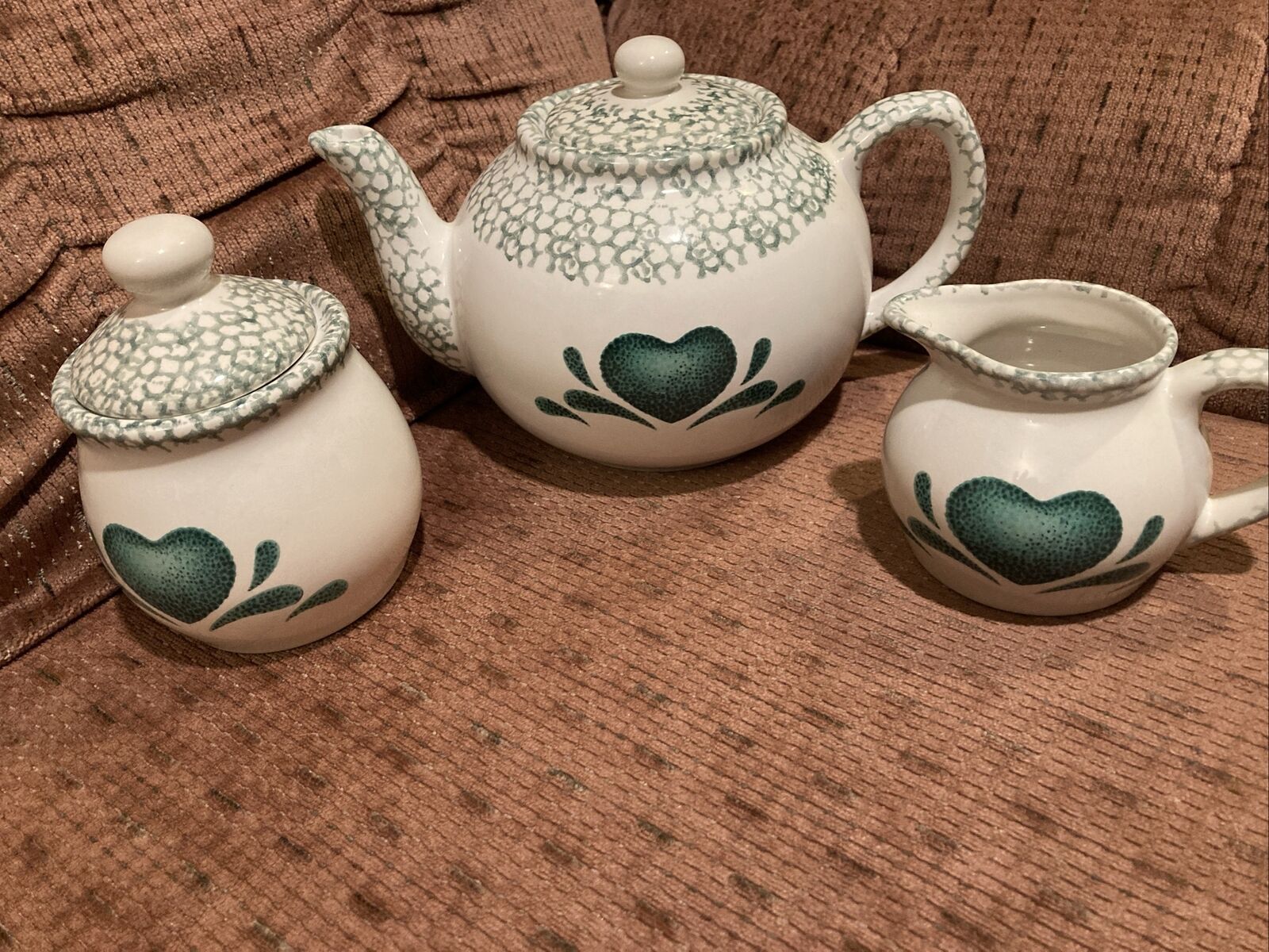 3 Piece White Ceramic Teapot, Sugar Bowl & Creamer, Green Hearts Speckle Pattern