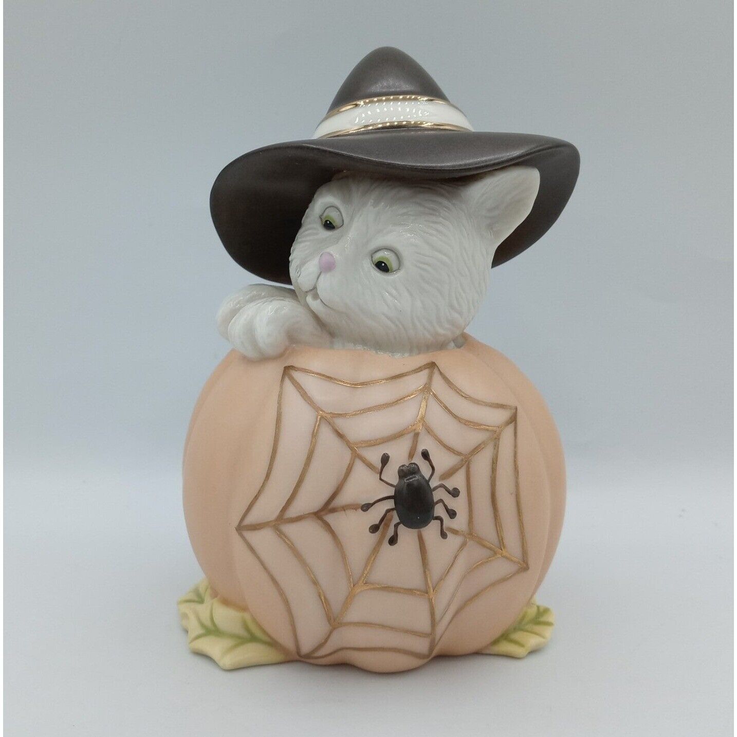 Lenox Halloween Witch Cat in Pumpkin Jack O Lantern Spider Web Figurine