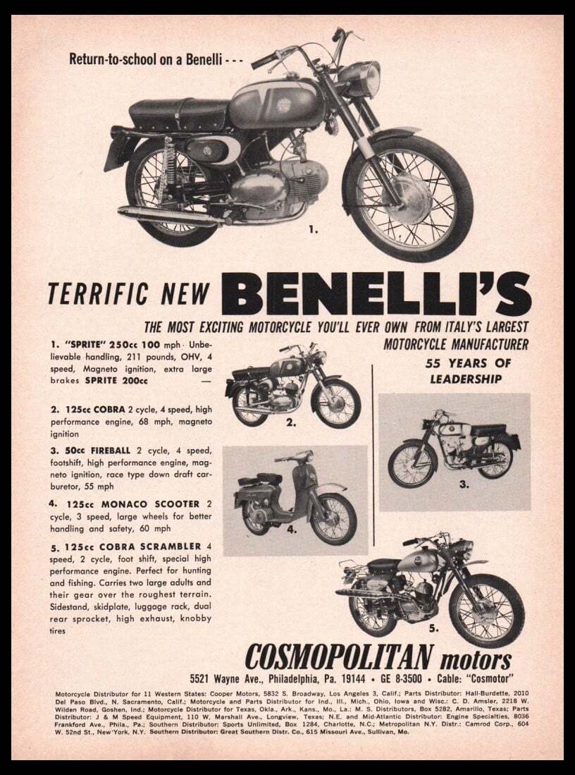 1966 Benelli Italian Motorcycle print ad /mini poster Original Vintage 1960s