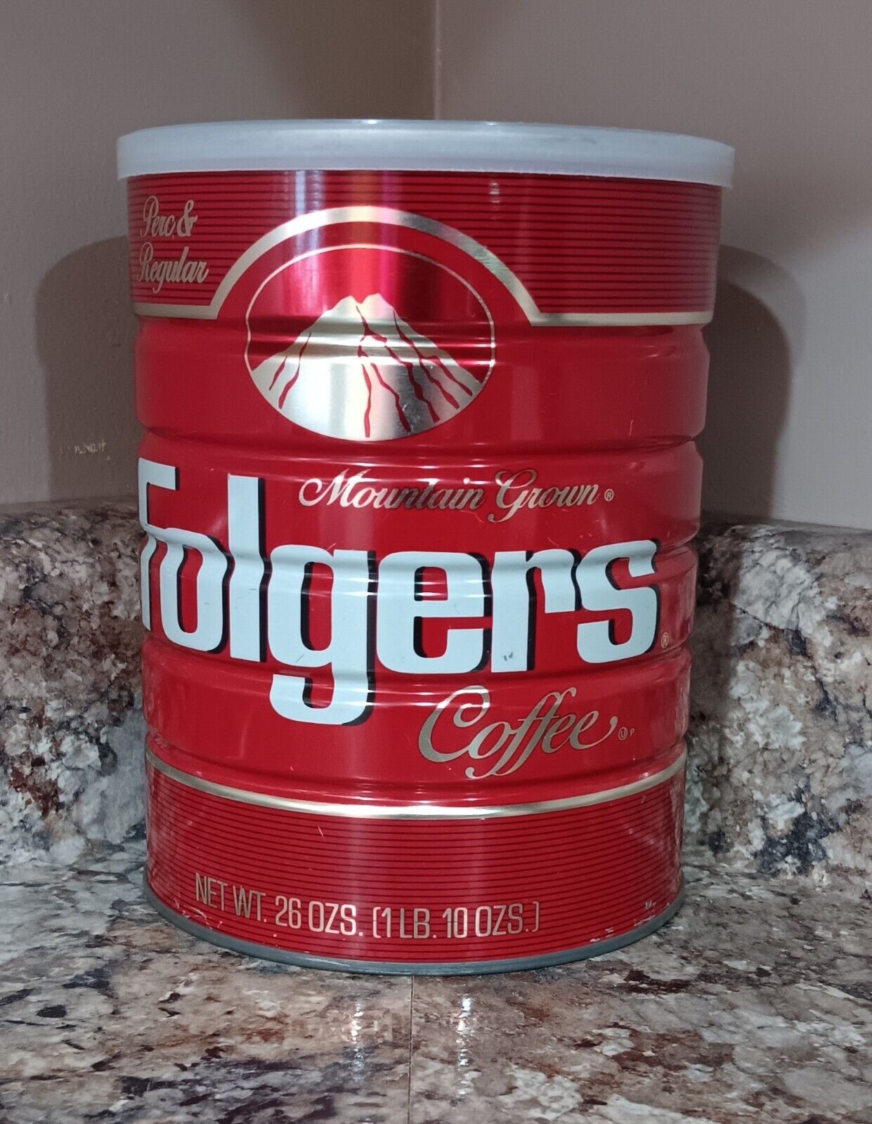 Vintage Folgers Metal Coffee Can Tin Perc & Regular 26 ozs Lid Red
