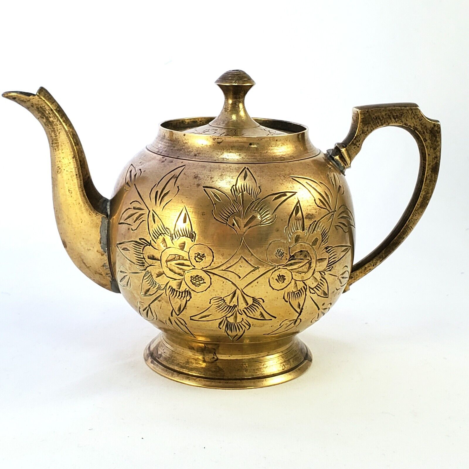 Floral Etched Lidded Brass Tea Pot Vintage 4.5\