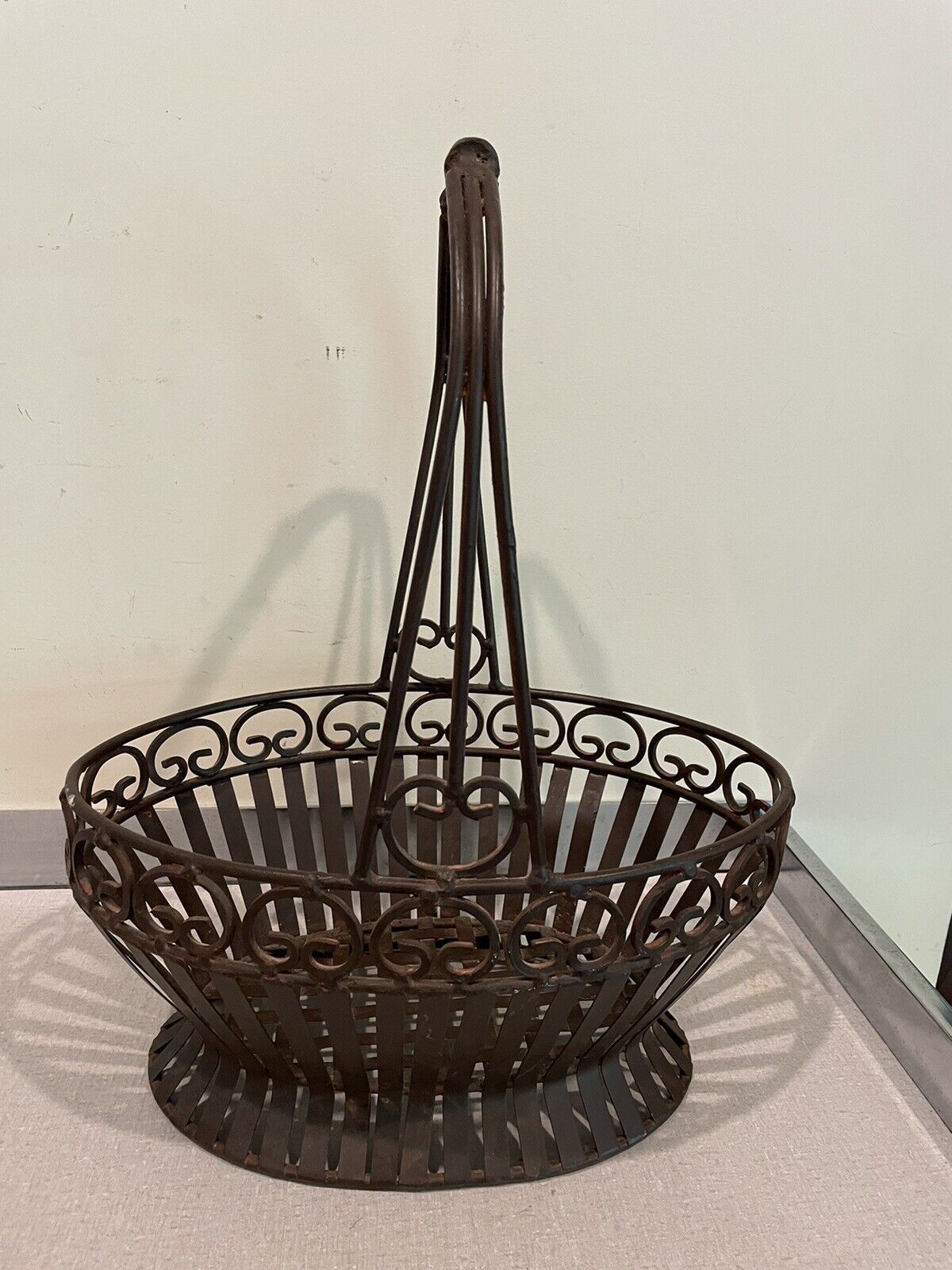 Vtg cast iron large basket with handle frame house cottage core decore