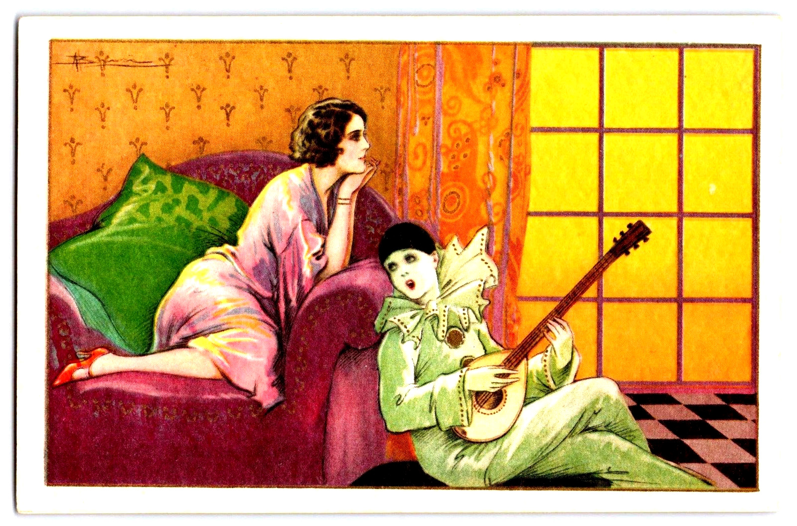 Adolfo Busi Artist-Signed c1910 Art Deco Postcard Pierrot Lime Green Lady Pink