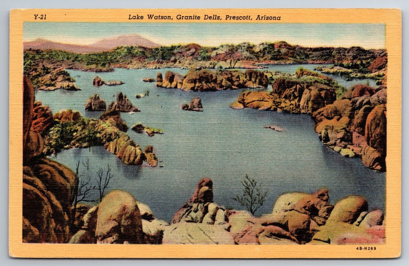 Vintage Postcard AZ Prescott Lake Watson Granite Dells Linen -12864