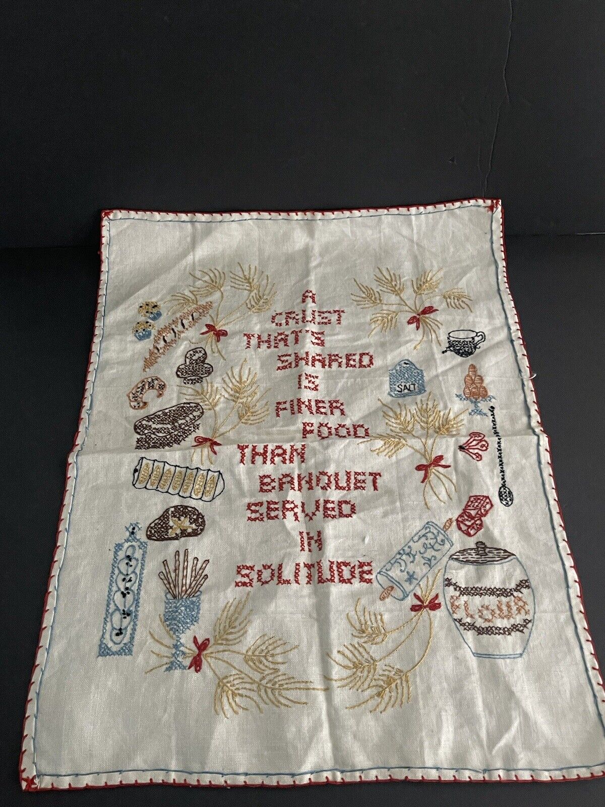 Vintage Embroidered Friendship Harvest Panel 19”x15” Framable