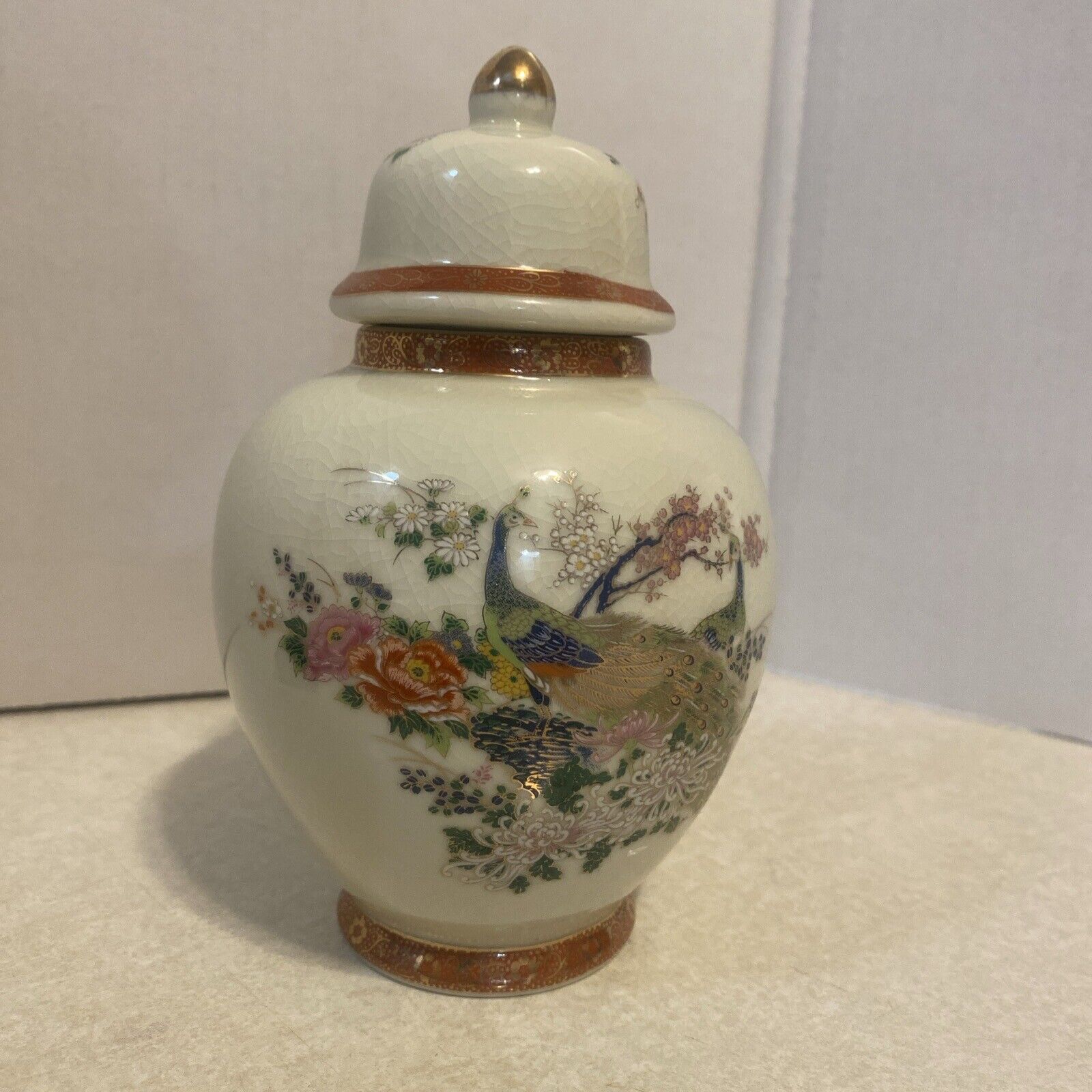 Vintage Japan Satsuma Porcelain Ginger Jar Vase Urn Peacock Cherry Blossom Gold