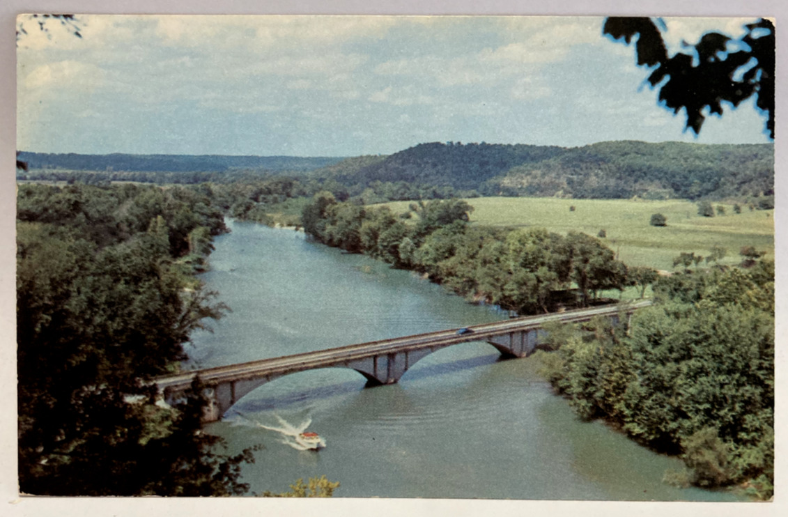 Elk River Valley, Bridge, Boat, Noel, Missouri MO Vintage Postcard