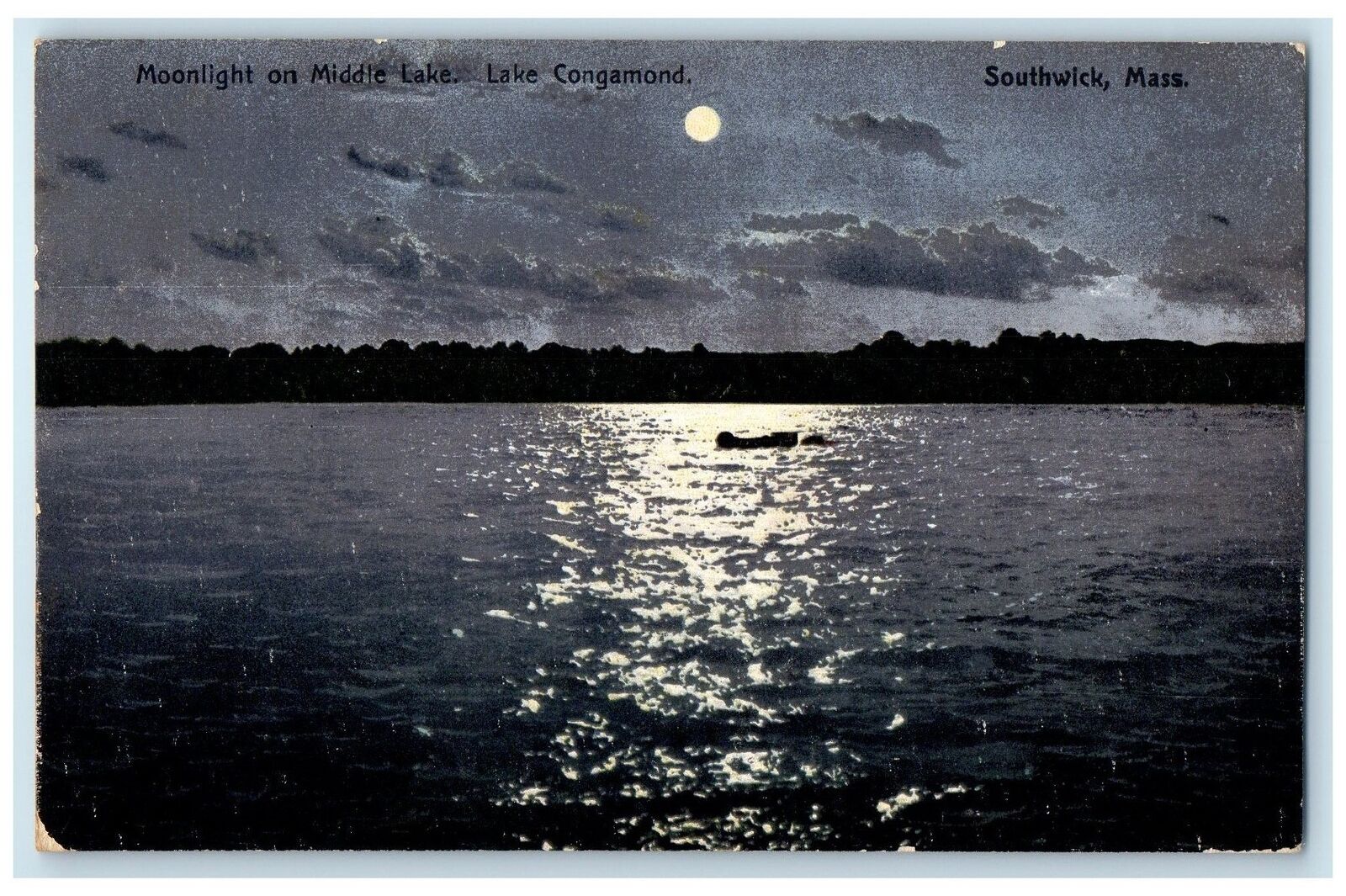 1909 Moonlight On Middle Lake Lake Congamond Southwick MA Posted Moon Postcard