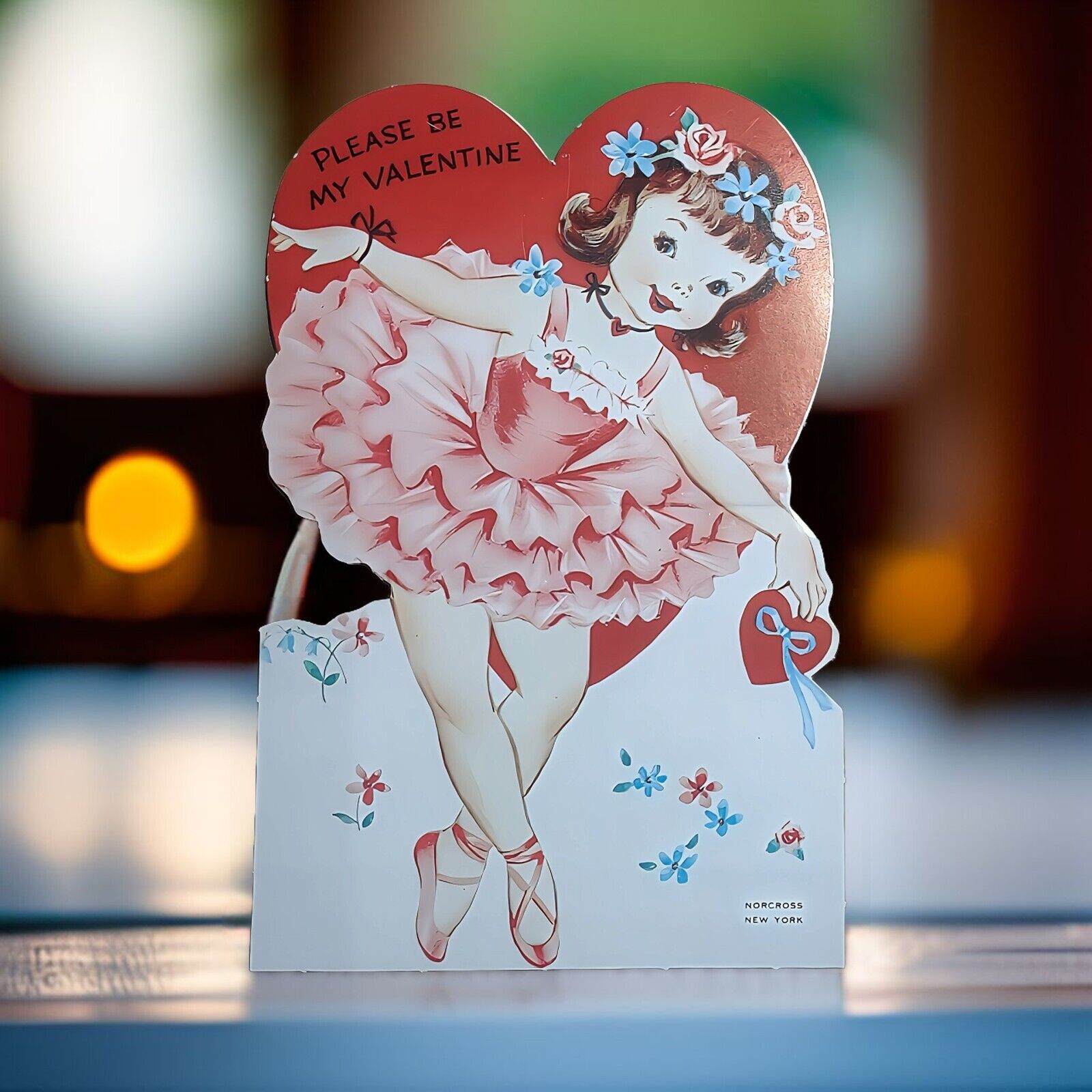 VTG Valentine\'s Day Dancing Ballerina Girl Die Cut Unused Greeting Card Norcross