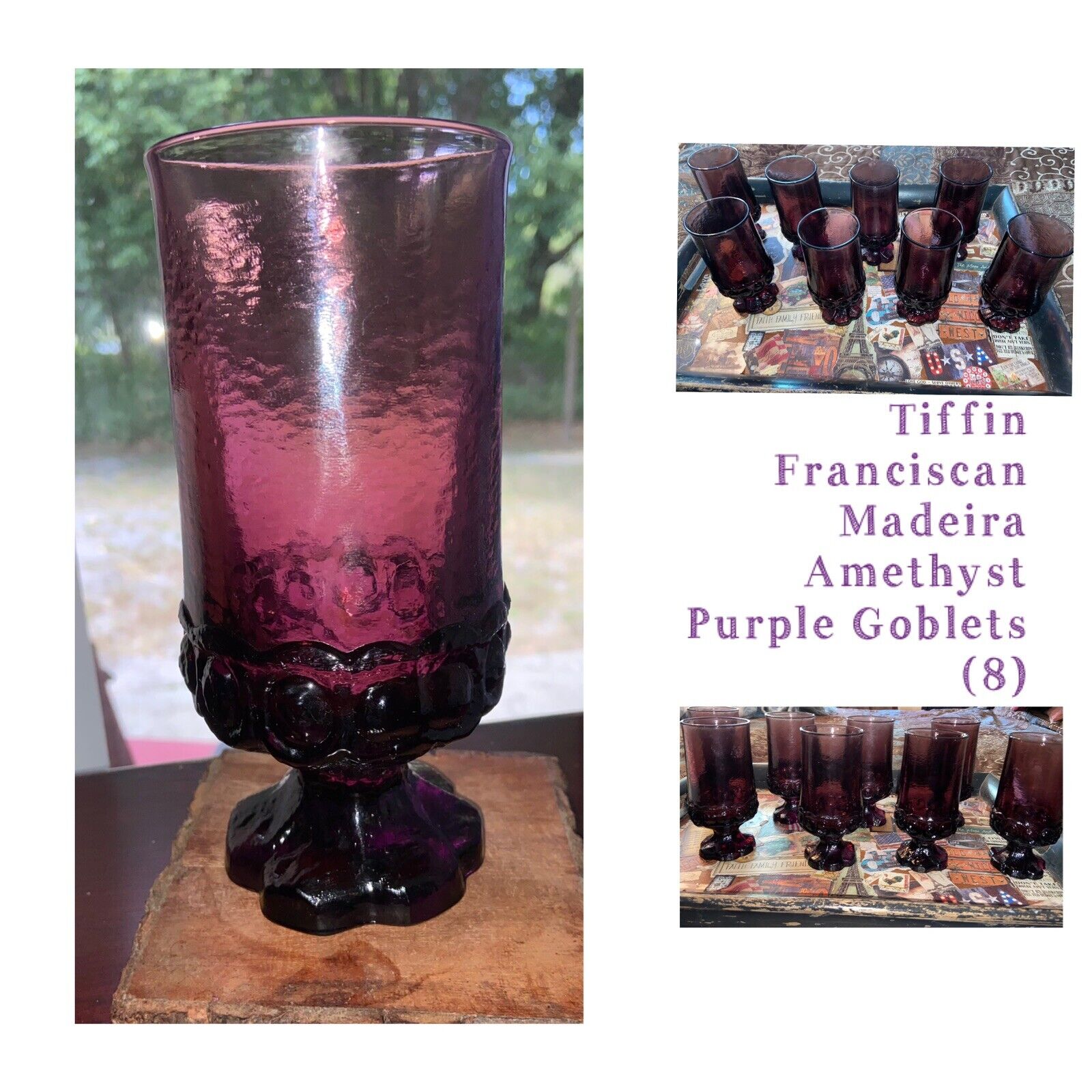 Vintage Tiffin Franciscan Madeira Purple Amethyst Glass Footed Goblets Set Of 8