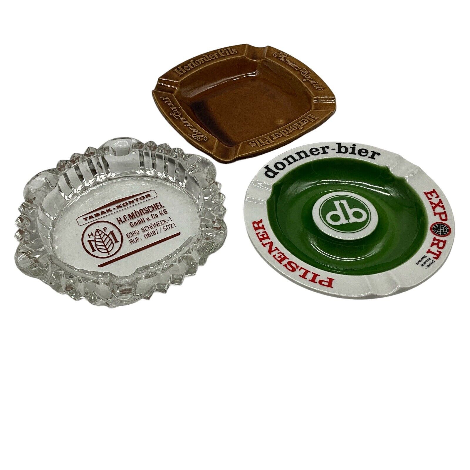 Ashtrays Lot Of 3 German Beer & Tobacco Advertising Glass & Ceramic Collectible