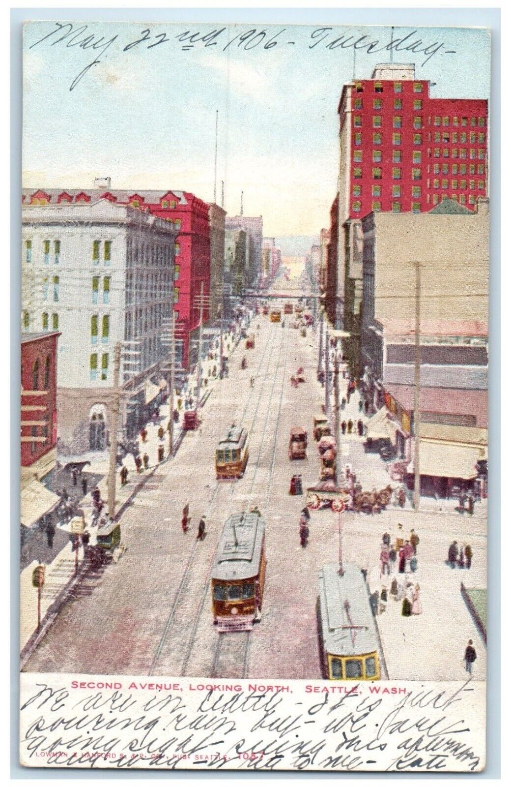 1906 Second Avenue Looking North Streetcar Trolley Seattle Washington Postcard