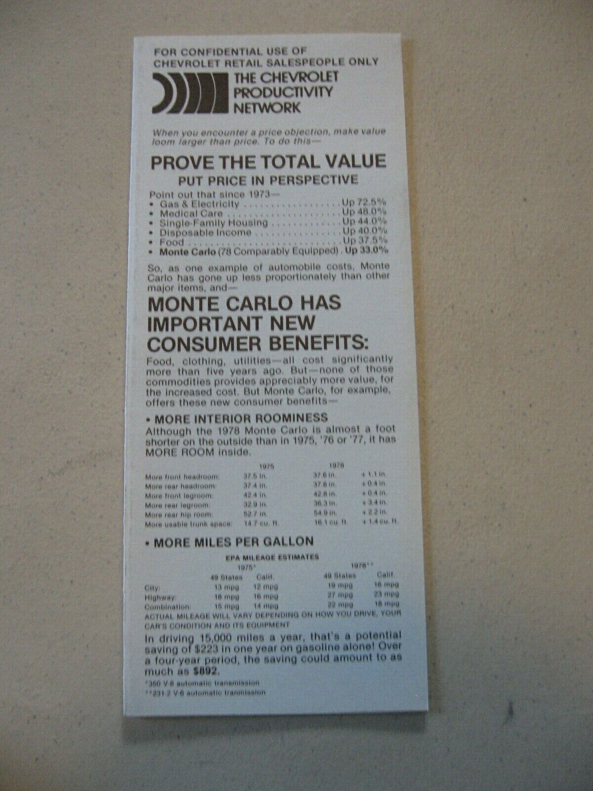 1978 Chevrolet Monte Carlo Selling Points Dealer Salesperson Brochure