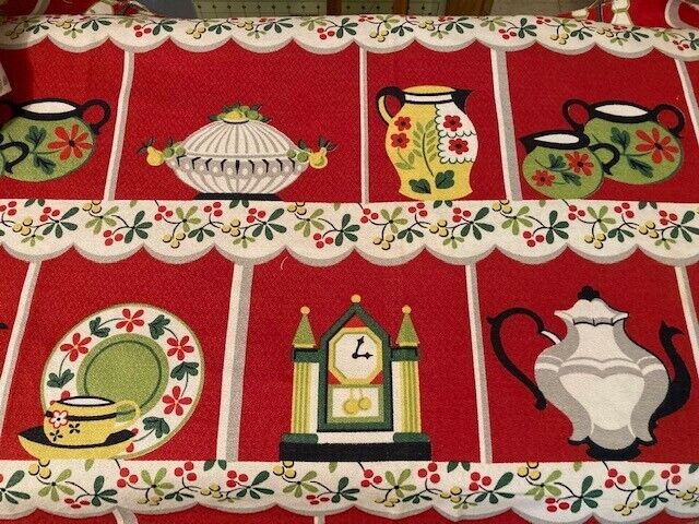 Vintage 1940\'s Bark Cloth Fabric Kitchen Red