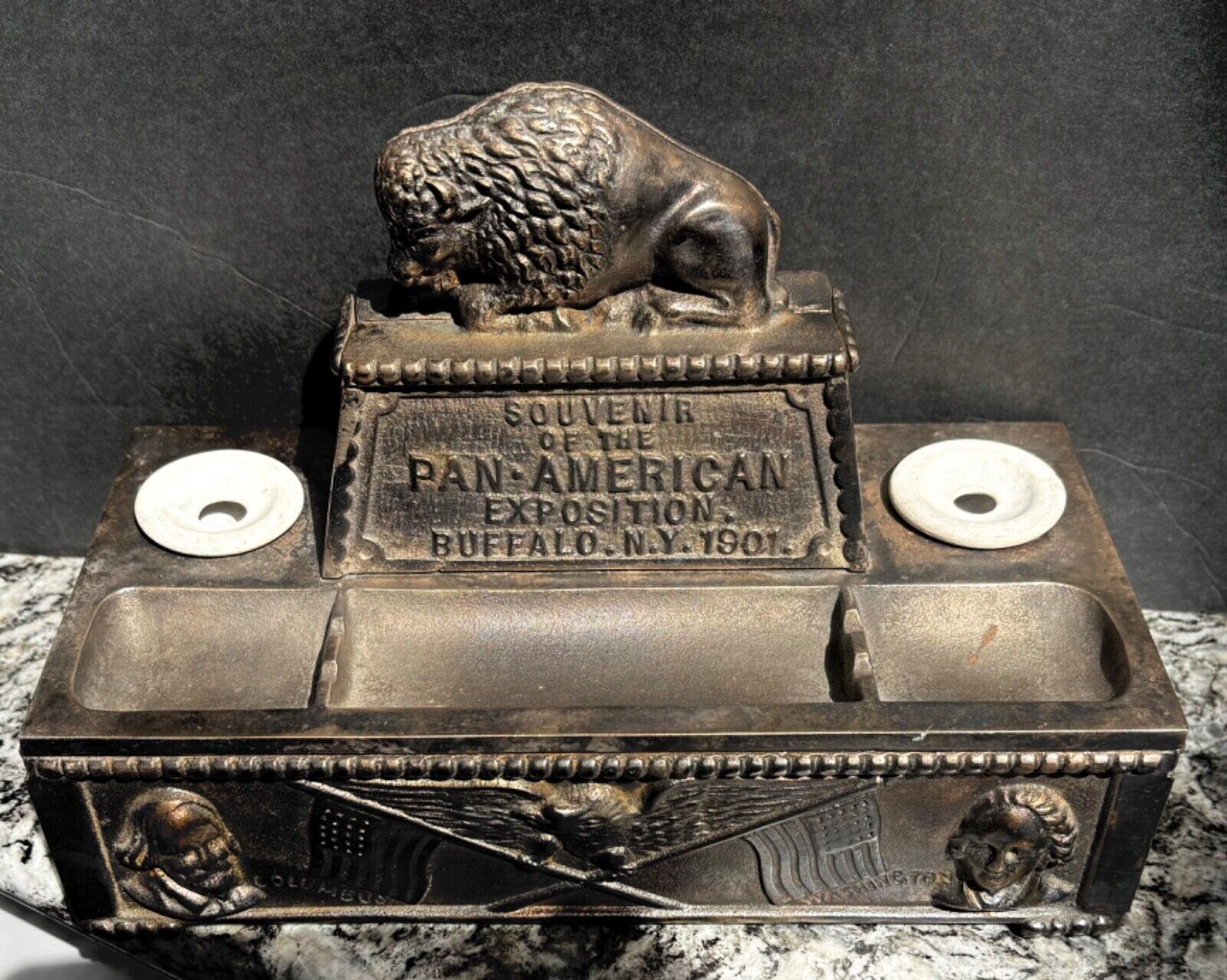 1901 PAN AM~EXPO~DESK DOUBLE INKWELL/PEN TRAY~FIG BUFFALO~MAGNIFICENT~LRG~SCARCE