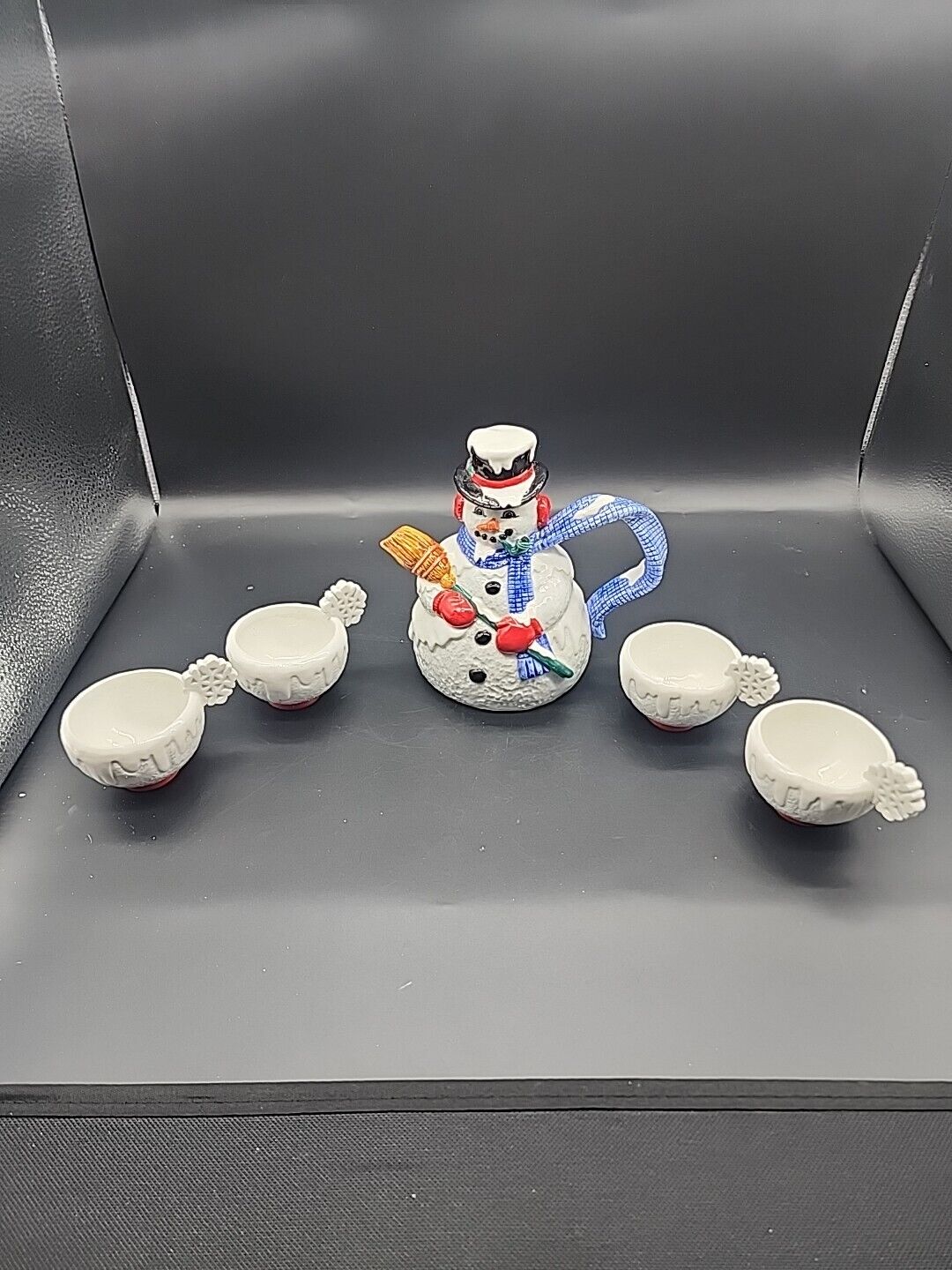 Department Dept 56 Christmas Tea Snowflake the Snowman Teapot Set w/ Box 13321