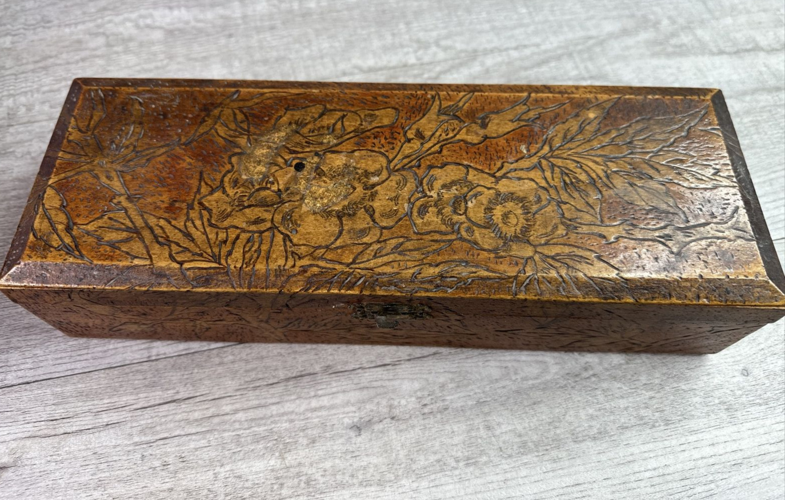 Vintage Hand Carved Floral Design Brown Lacquered Wooden Box