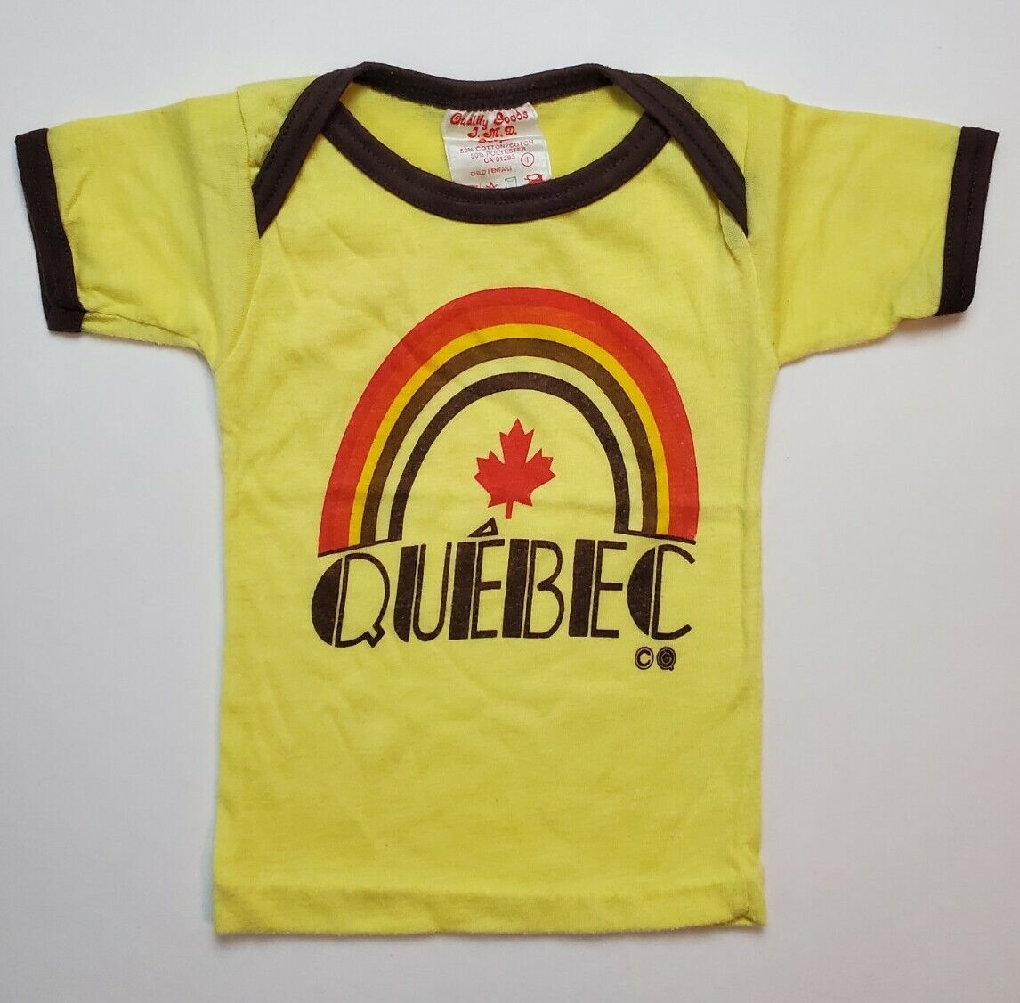 Vintage 70s 80s Ringer Tee T-Shirt Yellow Baby 6-9 Months Quebec Canada 