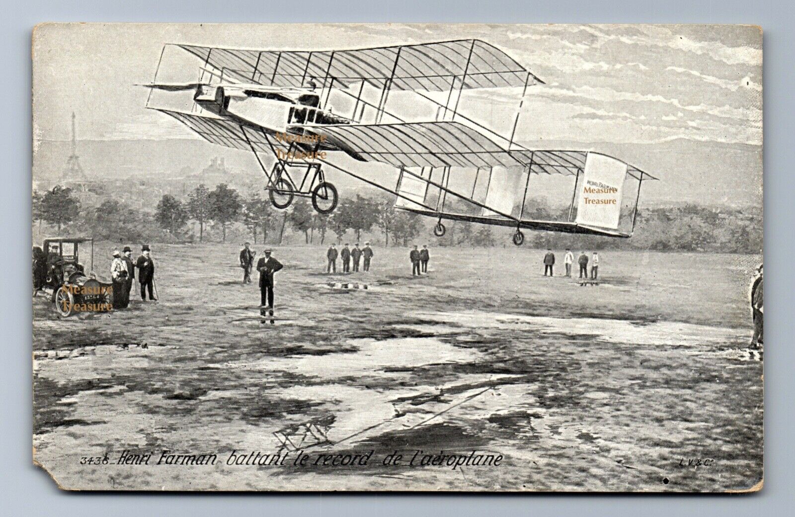 C.1910 HENRI FARMAN RECORD AIRPLANE EARLY AVIATION EIFFEL CORSET AD Postcard PS