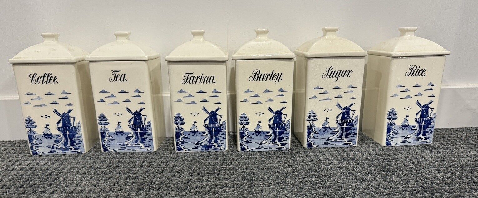 Vintage G.M.T. Co., Inc. Germany Canister Set - Windmill - Blue & White - 6