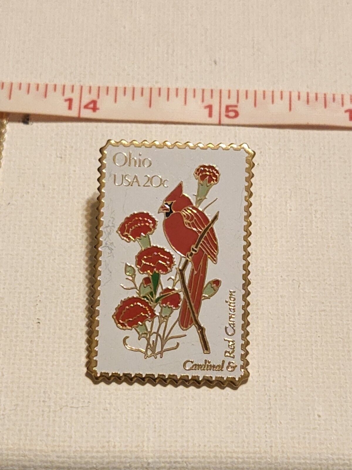 Vintage USPS Ohio 20 Cent Cardinal Red Carnation Enamel Stamp Pin