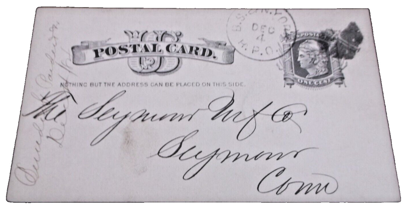 1884 NEW HAVEN RAILROAD BOSTON SPRINGFIELD & NEW YORK RPO HANDLED POSTAL CARD