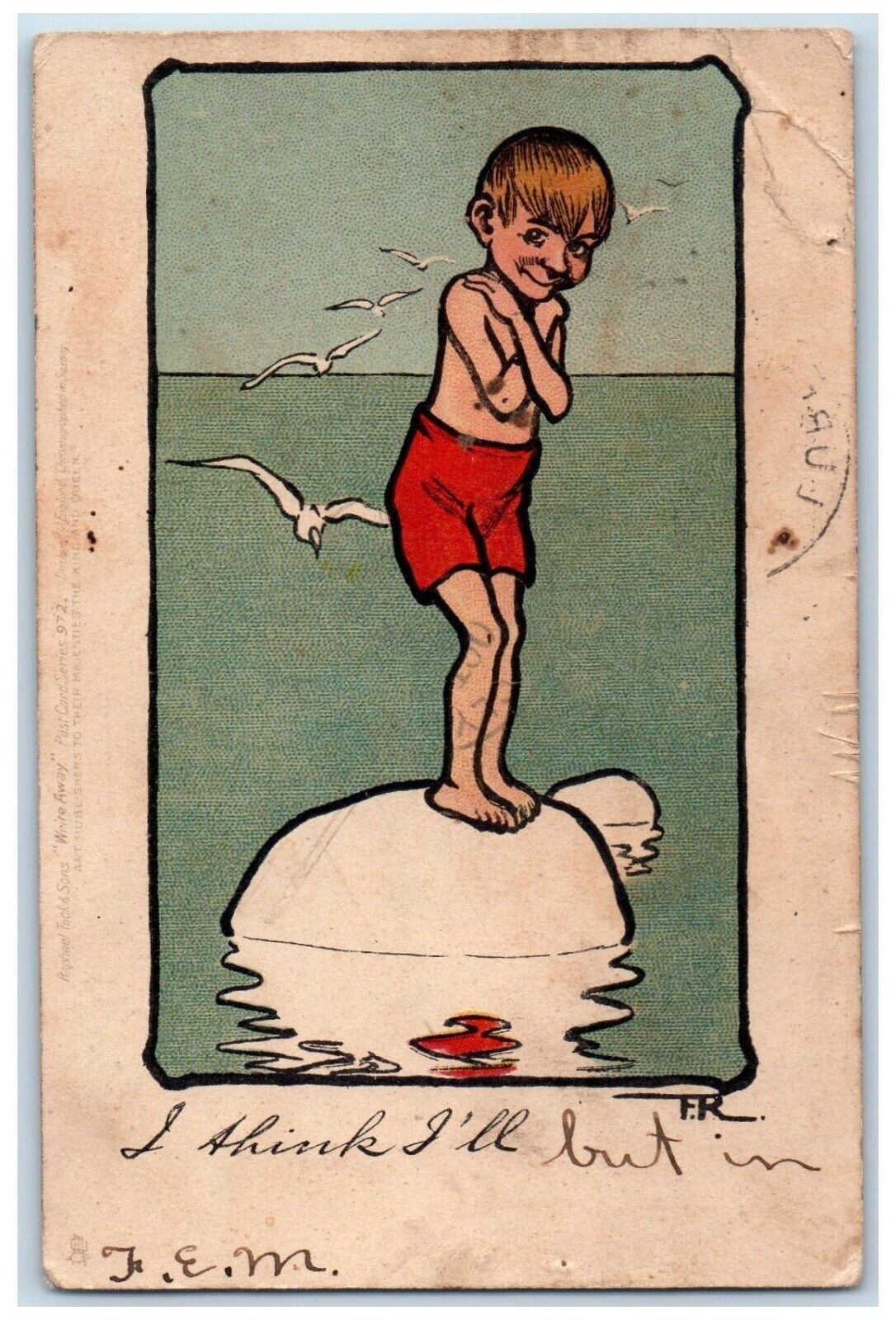 1905 Boy Standing On Iceberg Birds Lubec Maine ME Posted Antique Postcard