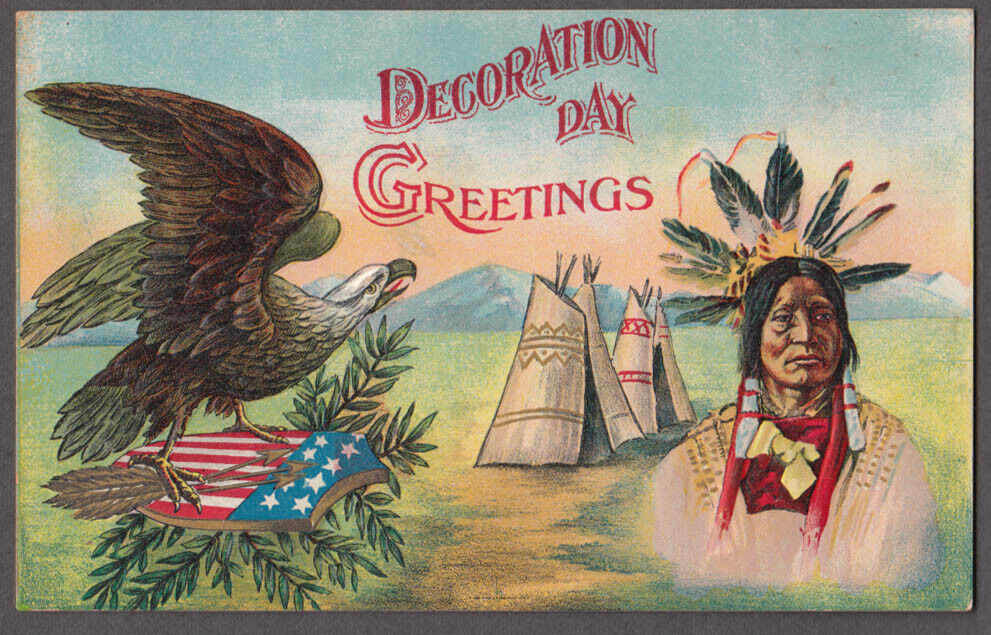 Decoration Day Greetings Eagle shield Native American postcard c 1910 Memorial