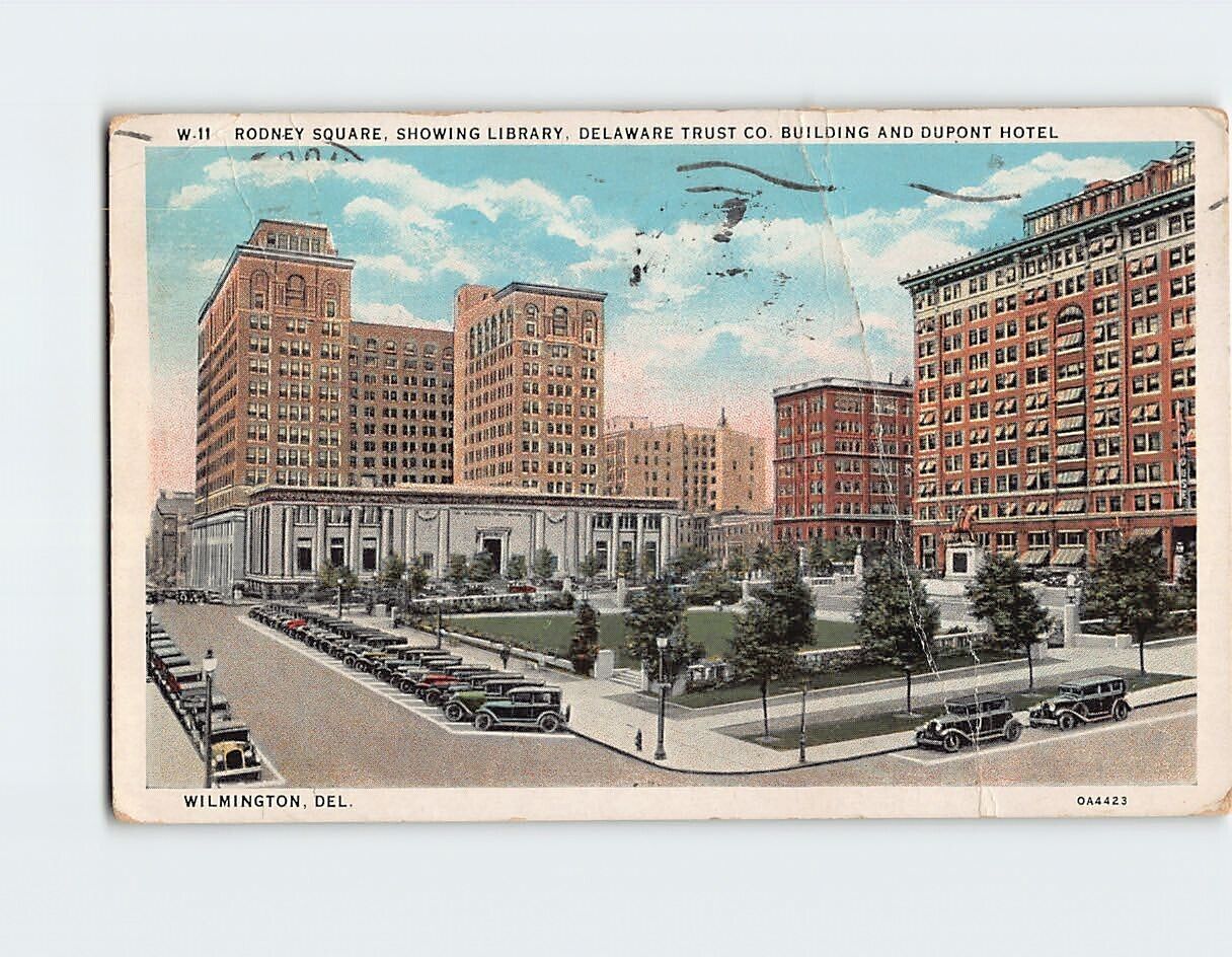 Postcard Rodney Square Showing Library Delaware Trust Co. Bldg. & DuPont Hotel
