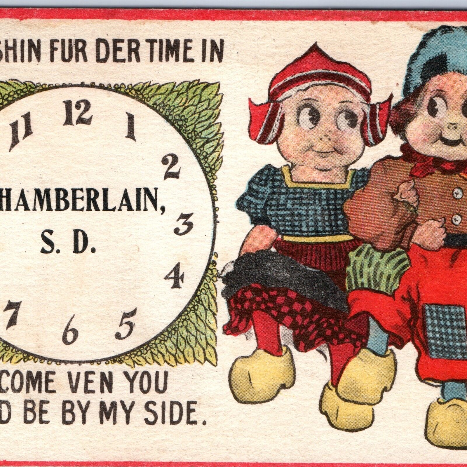 c1910s Chamberlain, SD Dutch Greeting Art Postcard Clock Time Holland Kids A169