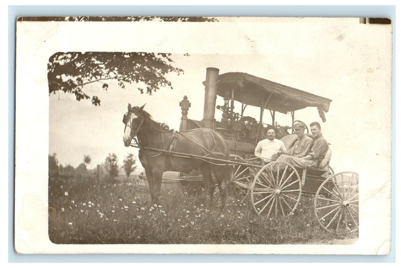 c1910\'s Boys Riding In Horse Carriage RPPC Photo Traction Steam Engine Postcard