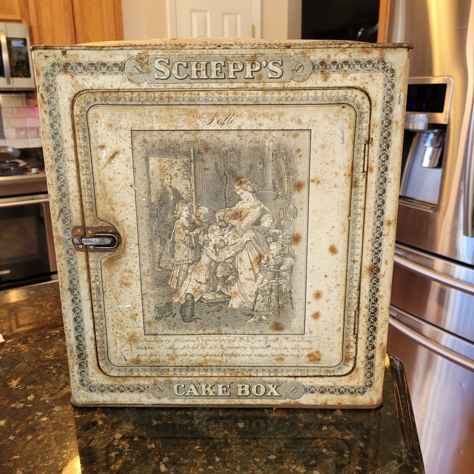 Antique Schepps Coconut Cake Box Metal Vintage *PLEASE READ*