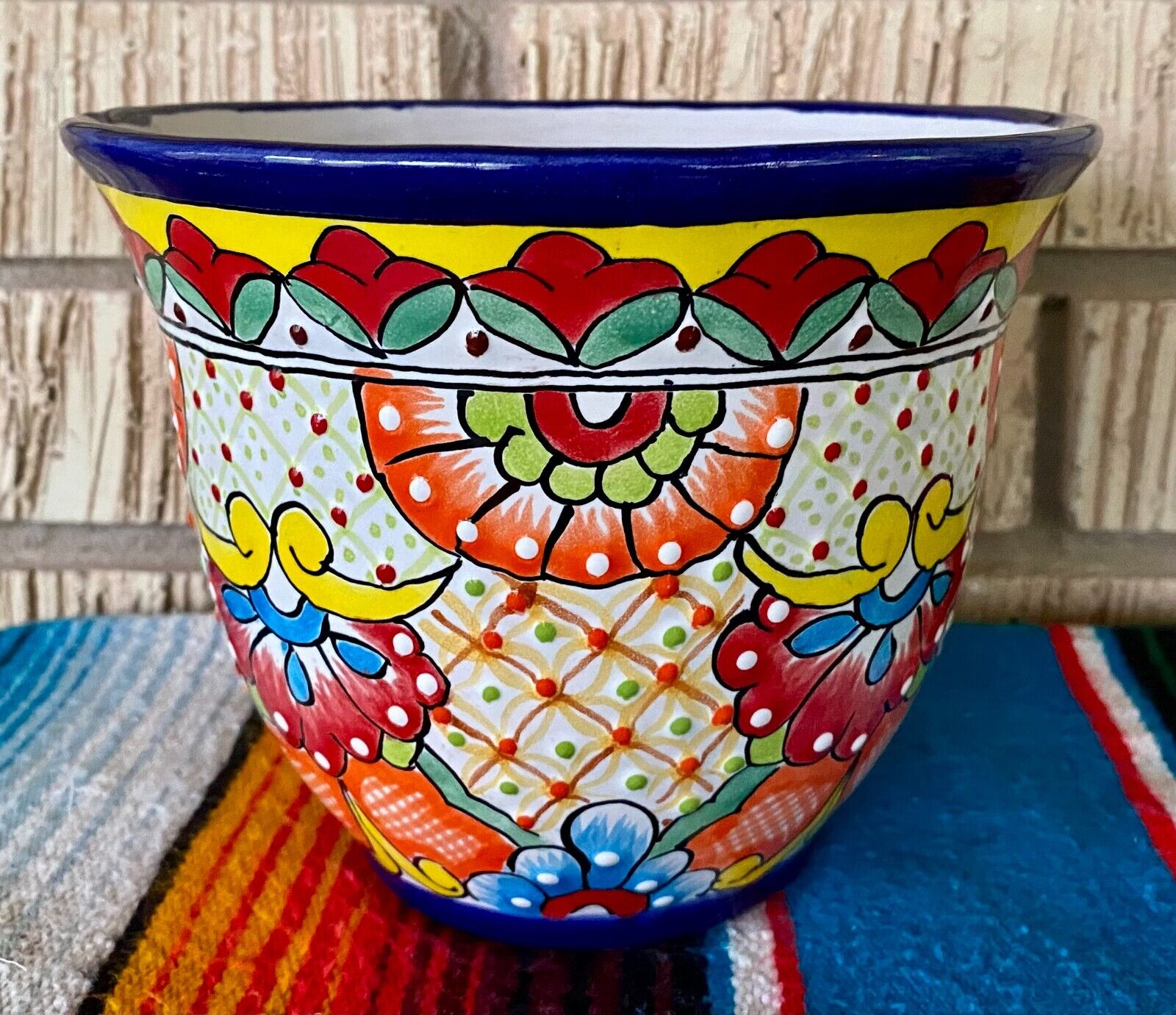 Lg Mexican Ceramic Flower Pot Planter Folk Art Pottery Handmade Talavera #19
