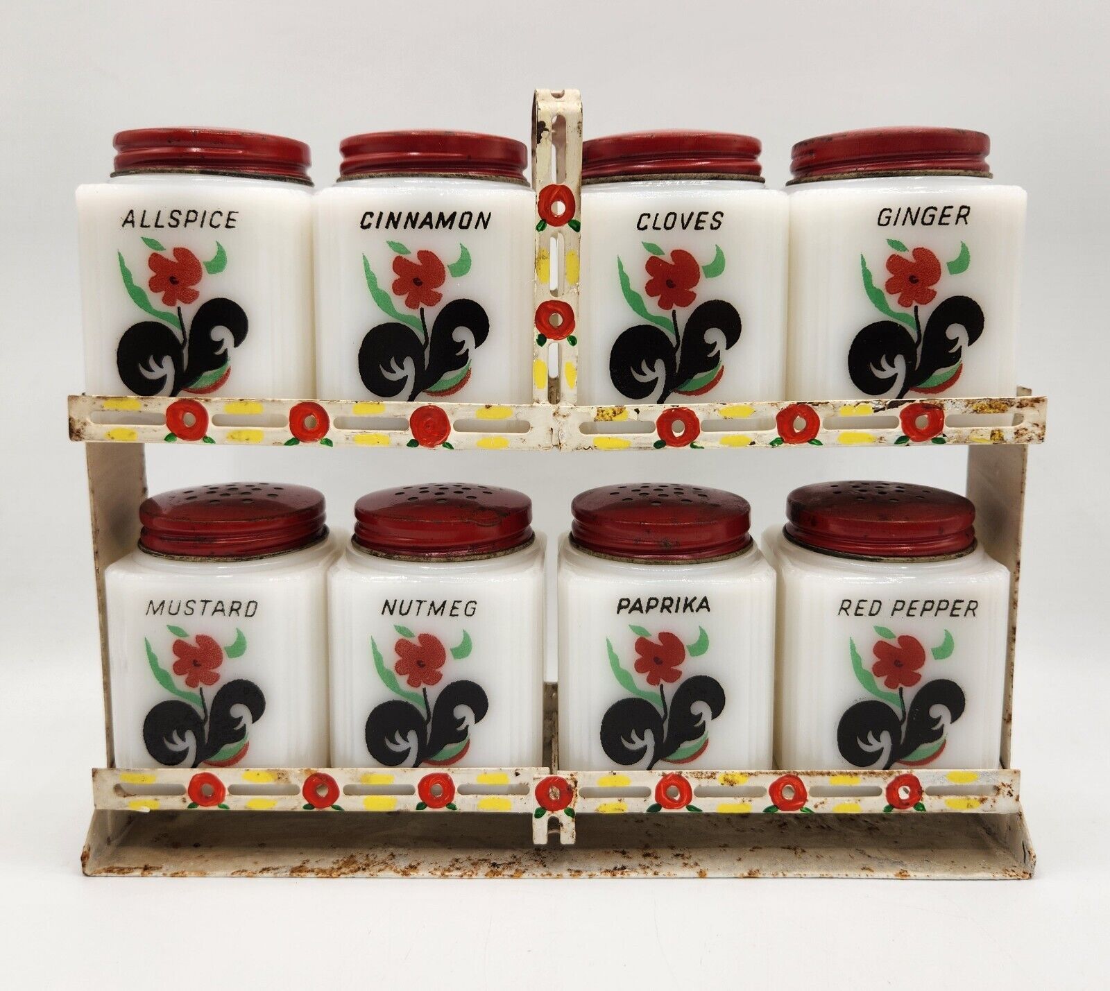 McKee Tipp City Spice Shakers Jars Set Red Poppy Flower With Metal Rack