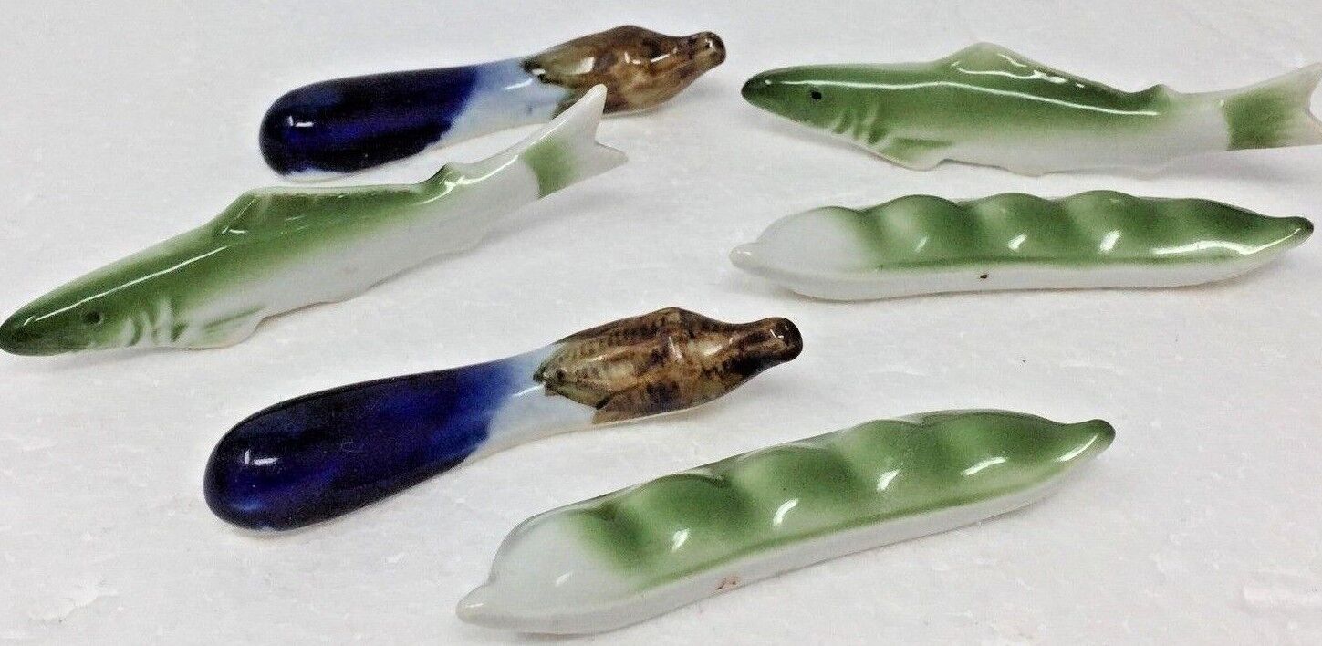 SET 6 CHOPSTICK  / knives RESTS Assorted patterns Eggplant Fish Pea Pod JAPAN