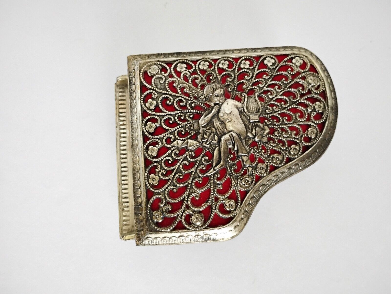 Vintage Silver Metal Red Grand Piano Cupid Cherub Jewelry Trinket Music Box