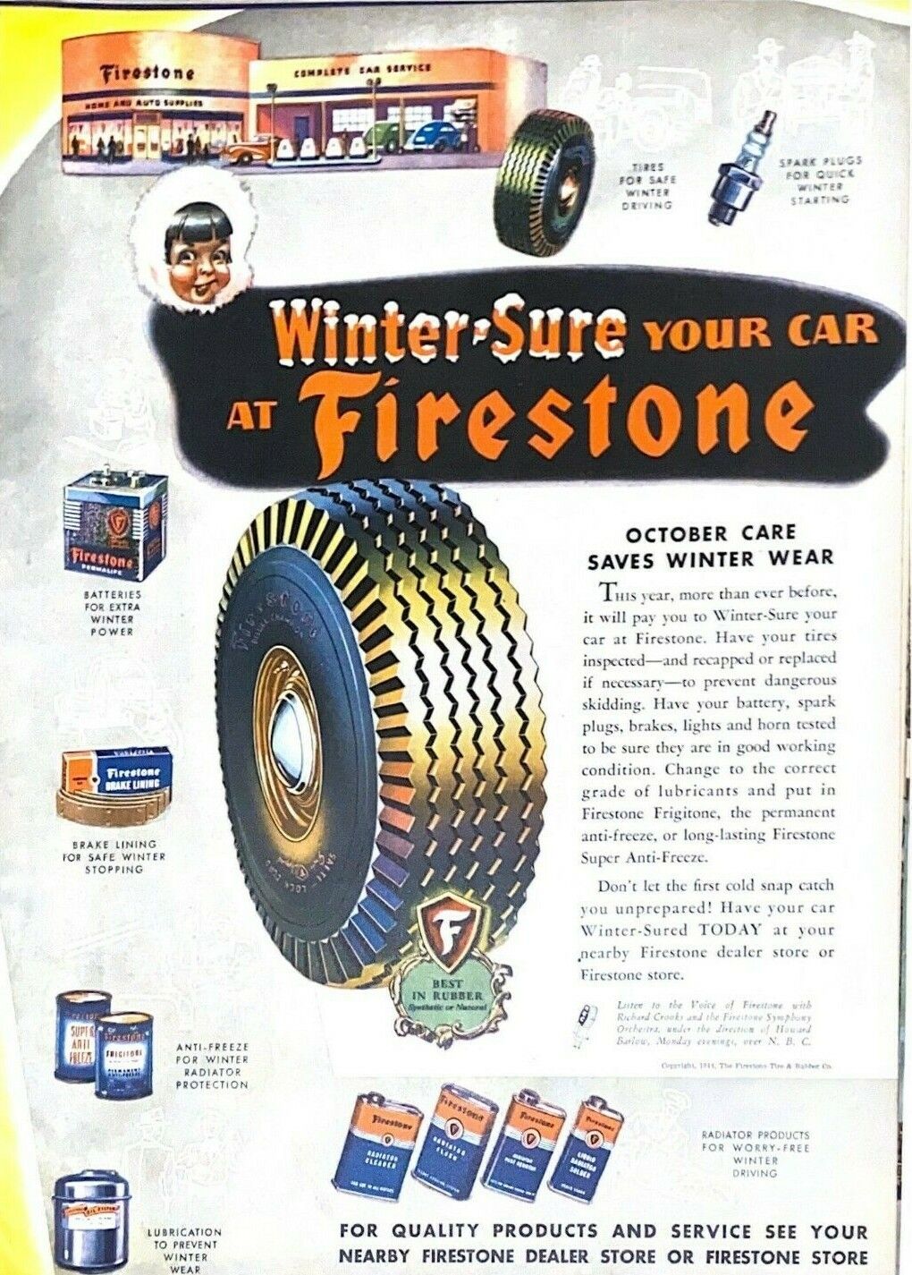 1944 Firestone Tire Vintage Print Ad  Wintersure Your Car October Care 