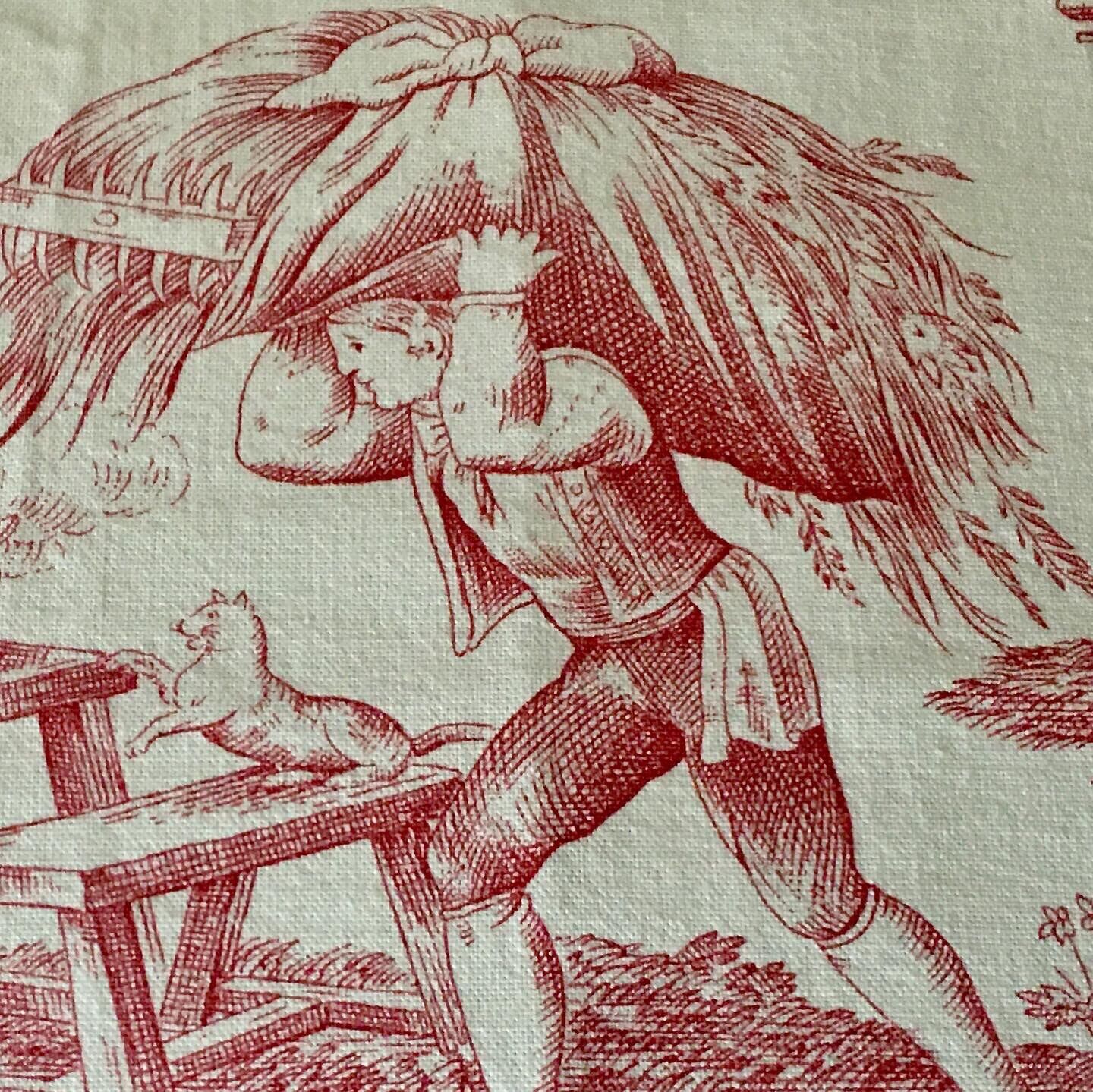 Vintage French Country Farm Pastoral Toile Cotton Fabric ~ Burnished Red