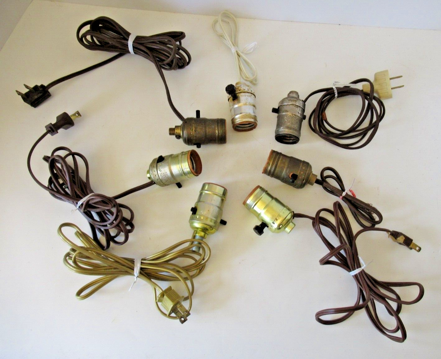Vintage lot 7 assorted sockets with cords lamp parts assorted shapes & switches